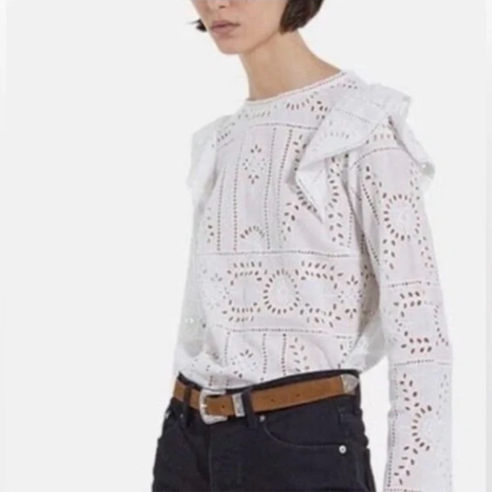 NWT, The Kooples White Eyelet Blouse with Ruffles, EU 2